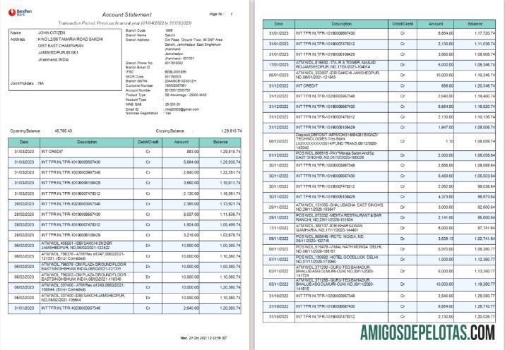 Extrato bancário realista da Índia Bandhan, modelo Word e PDF, 4 páginas